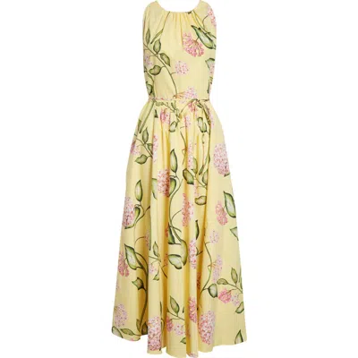 Oscar De La Renta Sleeveless Porcelain Flower Waist-tie Midi Dress In Yellow