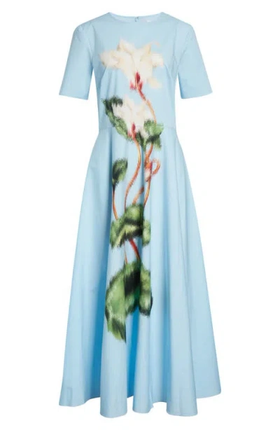 Oscar De La Renta Short Sleeve Chine Cyclamen Poplin Day Dress In Blue
