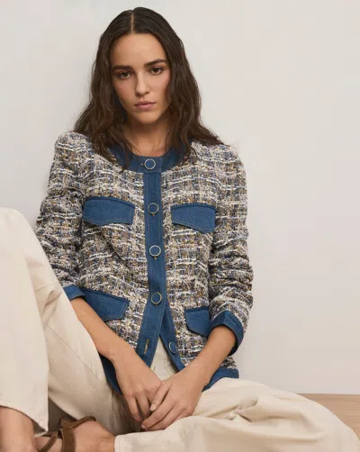 Veronica Beard Ainslie Denim-trimmed Cotton-blend Tweed Jacket In Blue