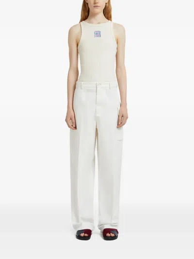 Marni Womens 00w01 Logo-patch Relaxed-fit Cotton Gabardine Cargo Trousers In White