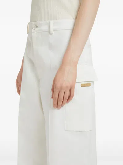Marni Womens 00w01 Logo-patch Relaxed-fit Cotton Gabardine Cargo Trousers In White