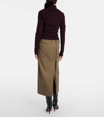 Victoria Beckham Belted Wool-blend Twill Midi Skirt In Brown