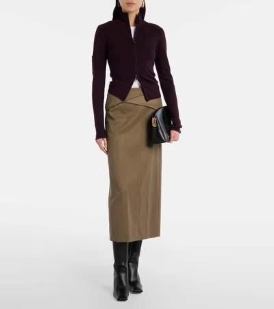 Victoria Beckham Belted Wool-blend Twill Midi Skirt In Brown