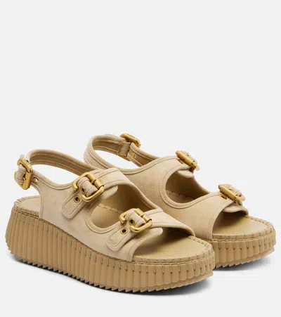 Chloé Chloe Nama Whipstitched Suede Wedge Sandals In Gold