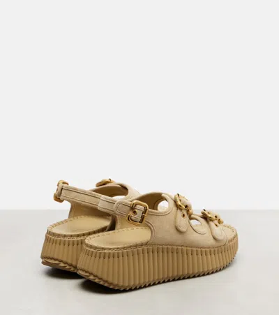 Chloé Chloe Nama Whipstitched Suede Wedge Sandals In Gold