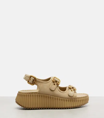 Chloé Chloe Nama Whipstitched Suede Wedge Sandals In Gold