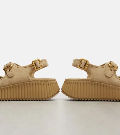 Chloé Chloe Nama Whipstitched Suede Wedge Sandals In Gold