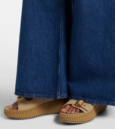Chloé Chloe Nama Whipstitched Suede Wedge Sandals In Gold