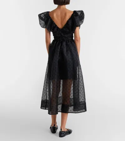Ganni Ruched Flocked Polka-dot Recycled Organza Midi Dress In Black