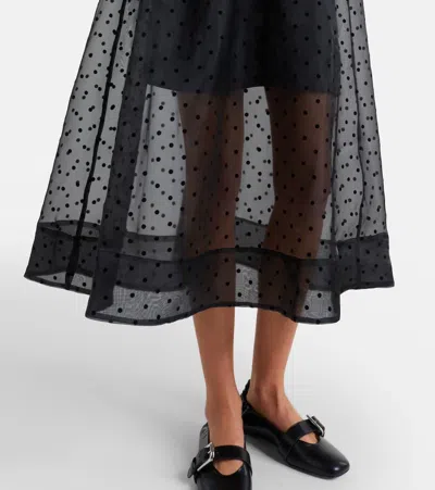 Ganni Ruched Flocked Polka-dot Recycled Organza Midi Dress In Black