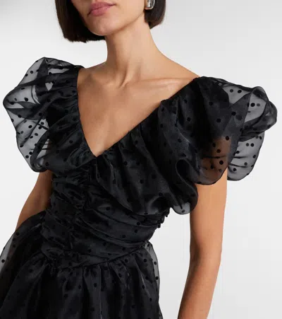 Ganni Ruched Flocked Polka-dot Recycled Organza Midi Dress In Black