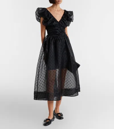 Ganni Ruched Flocked Polka-dot Recycled Organza Midi Dress In Black