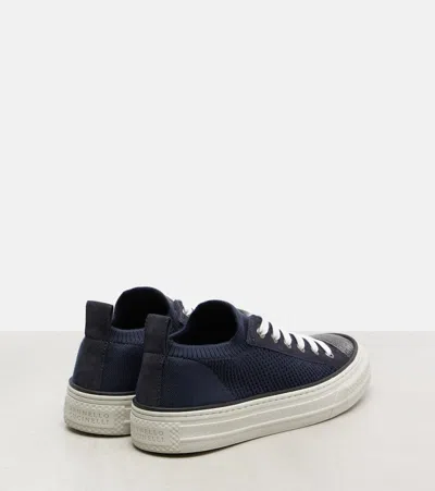 Brunello Cucinelli Bead-embellished Suede-trimmed Stretch-knit Sneakers In Blue
