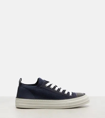 Brunello Cucinelli Bead-embellished Suede-trimmed Stretch-knit Sneakers In Blue
