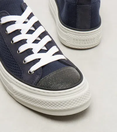 Brunello Cucinelli Bead-embellished Suede-trimmed Stretch-knit Sneakers In Blue