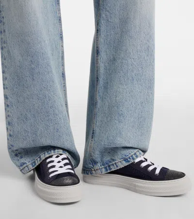 Brunello Cucinelli Bead-embellished Suede-trimmed Stretch-knit Sneakers In Blue