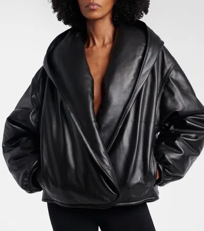 Alaïa Hooded Leather Bomber Jacket In Black