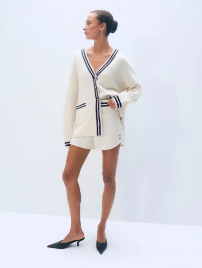 White + Warren Cashmere Varsity Shorts In Soft White Deep Navy In Neutral