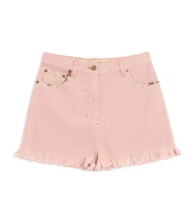 Valentino Knee Length Shorts Frayed Hem Floral Pockets Belt Loops In Pink