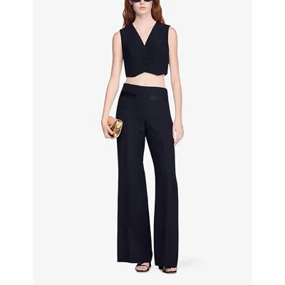 Sandro Womens Black V-neck Cropped Woven Top In Black