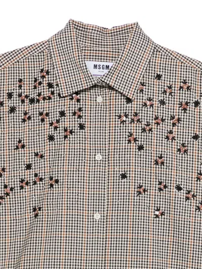 Msgm Long Sleeved Checked Embellished Shirt In Gray