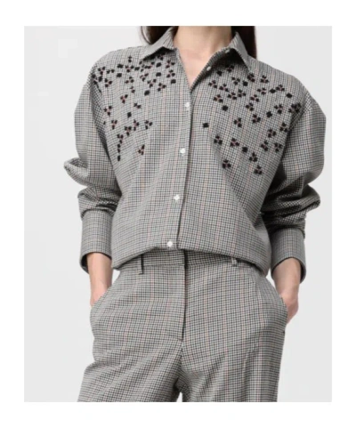 Msgm Long Sleeved Checked Embellished Shirt In Gray
