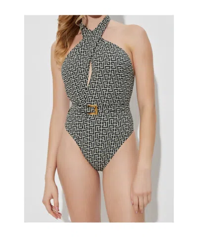 Balmain Geometric-pattern Swimsuit In Black