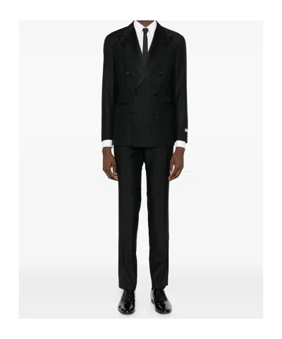 Canali Long-sleeved Suit Jacket And Trousers Set In Black
