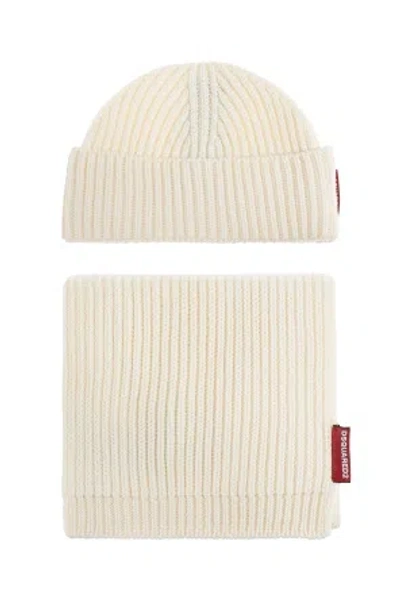 Dsquared2 Logo-patch Ribbed Beanie Hat Set In White