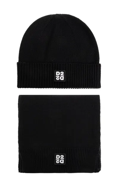 Dsquared2 Logo-patch Beanie Hat Set In Black