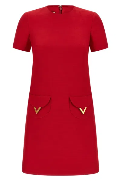Valentino Womens Paris Pocket-front Short-sleeve Wool-blend Midi Dress In Red