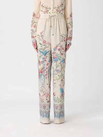 Etro Women White Pants With Elastic Drawstring Waist And All-over Floral Print In Tech Fabric Woman In Multi