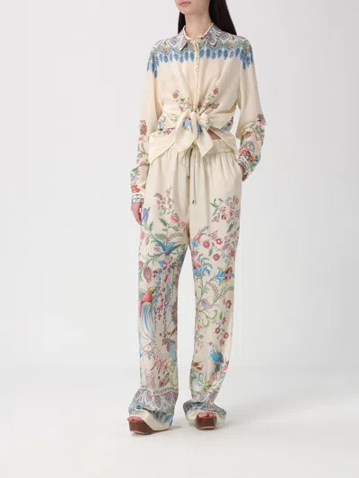 Etro Women White Pants With Elastic Drawstring Waist And All-over Floral Print In Tech Fabric Woman In Multi