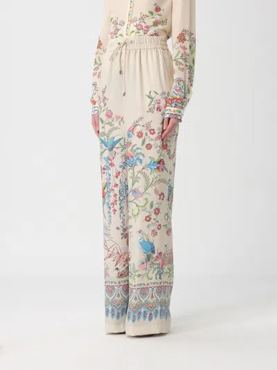 Etro Women White Pants With Elastic Drawstring Waist And All-over Floral Print In Tech Fabric Woman In Multi