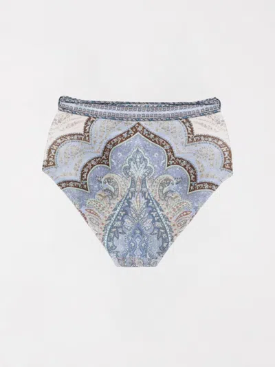 Zimmermann Wanderlust Belted Embellished Paisley-print Bikini Briefs In Blue