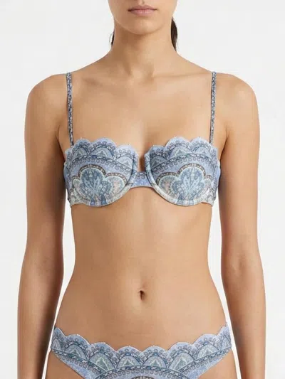 Zimmermann Wanderlust Strapless Embellished Paisley-print Bikini Top In Blue