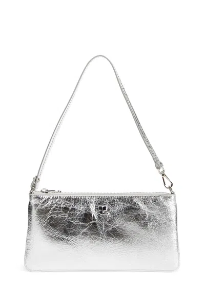 Courrèges Rectangular Zipped Pouch In Crinkled Silver Leather In Silver