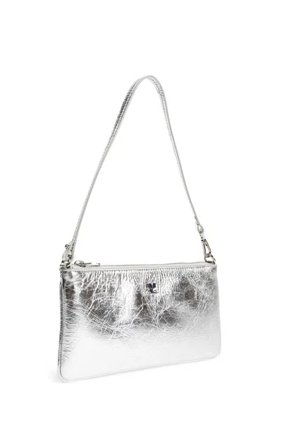 Courrèges Rectangular Zipped Pouch In Crinkled Silver Leather In Silver