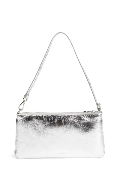Courrèges Rectangular Zipped Pouch In Crinkled Silver Leather In Silver