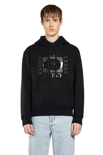 Gucci Men Black Sweatshirt With Hood With Drawstring And Front Logo In Cotton Man In Multi