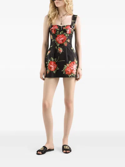 Dolce & Gabbana Floral-print Cotton Bustier Mini Dress In Black