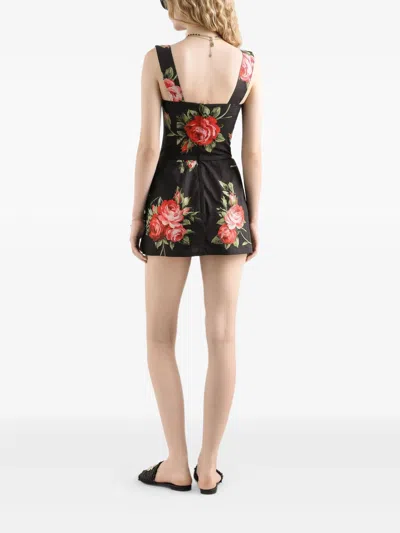 Dolce & Gabbana Floral-print Cotton Bustier Mini Dress In Black
