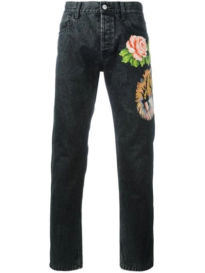 Gucci Tiger And Floral Appliqué Tapered Jeans In Denim