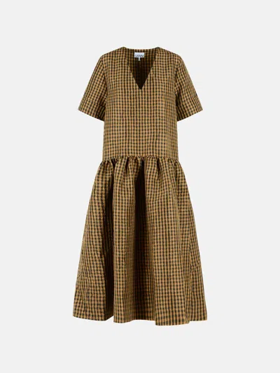 Ganni Crinckled Taffeta Checkered Dress Gathered Waist In Brown