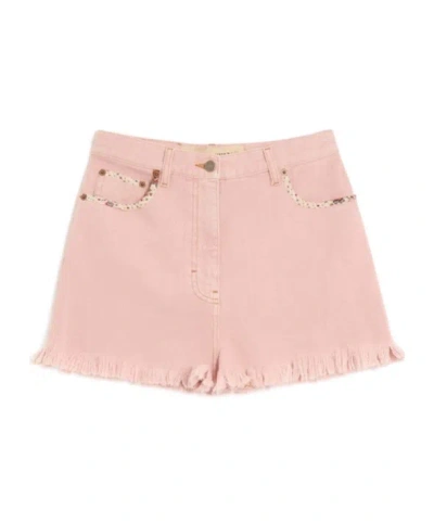 Valentino Knee Length Shorts Frayed Hem Floral Pockets Belt Loops In Pink