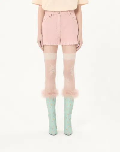 Valentino Knee Length Shorts Frayed Hem Floral Pockets Belt Loops In Pink