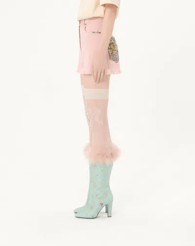 Valentino Knee Length Shorts Frayed Hem Floral Pockets Belt Loops In Pink