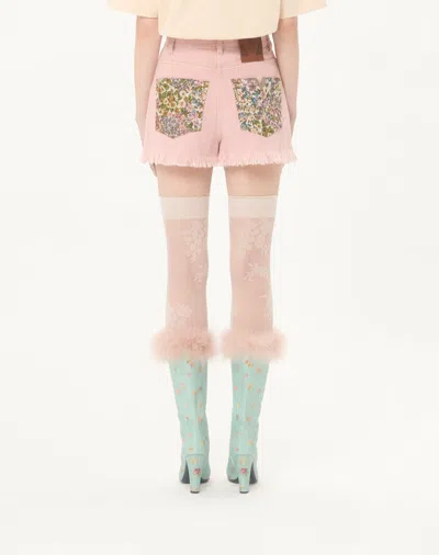 Valentino Knee Length Shorts Frayed Hem Floral Pockets Belt Loops In Pink