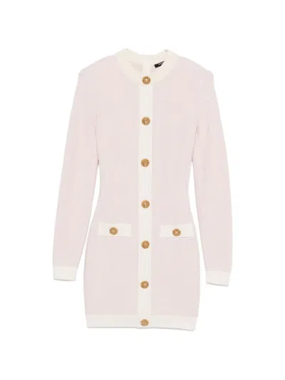 Balmain Buttoned Boucle Knit Strong-shoulder Mini Dress In Pink