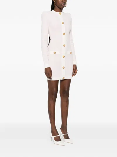 Balmain Buttoned Boucle Knit Strong-shoulder Mini Dress In Pink